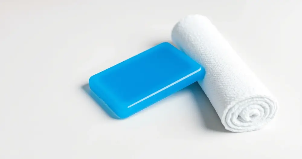 bolsa de gelo azul lisa ao lado de toalha branca enrolada sobre superfície clara
