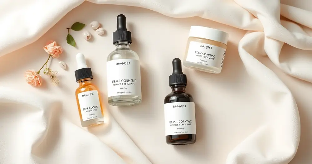 Produtos de dermocosmética organizados sobre tecido claro, vistos de cima