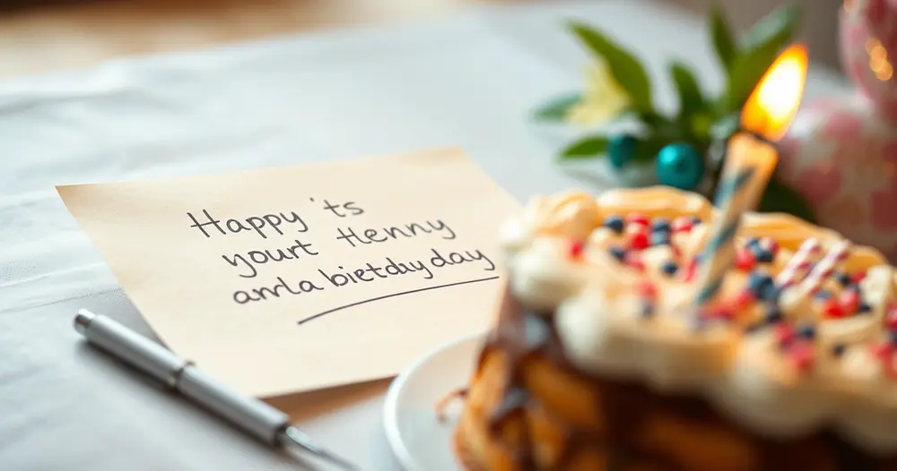 Bilhete escrito à mão ao lado de um bolo de aniversário com vela acesa