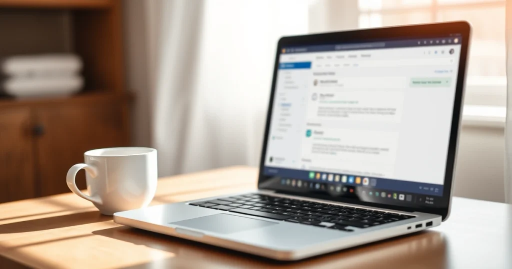 notebook aberto com caixa de e-mail e xícara de café sobre a mesa